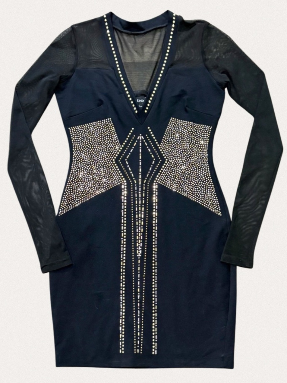 Y2K Bebe Beaded Bodycon Dress with Mesh Sleeves in Black Size XS